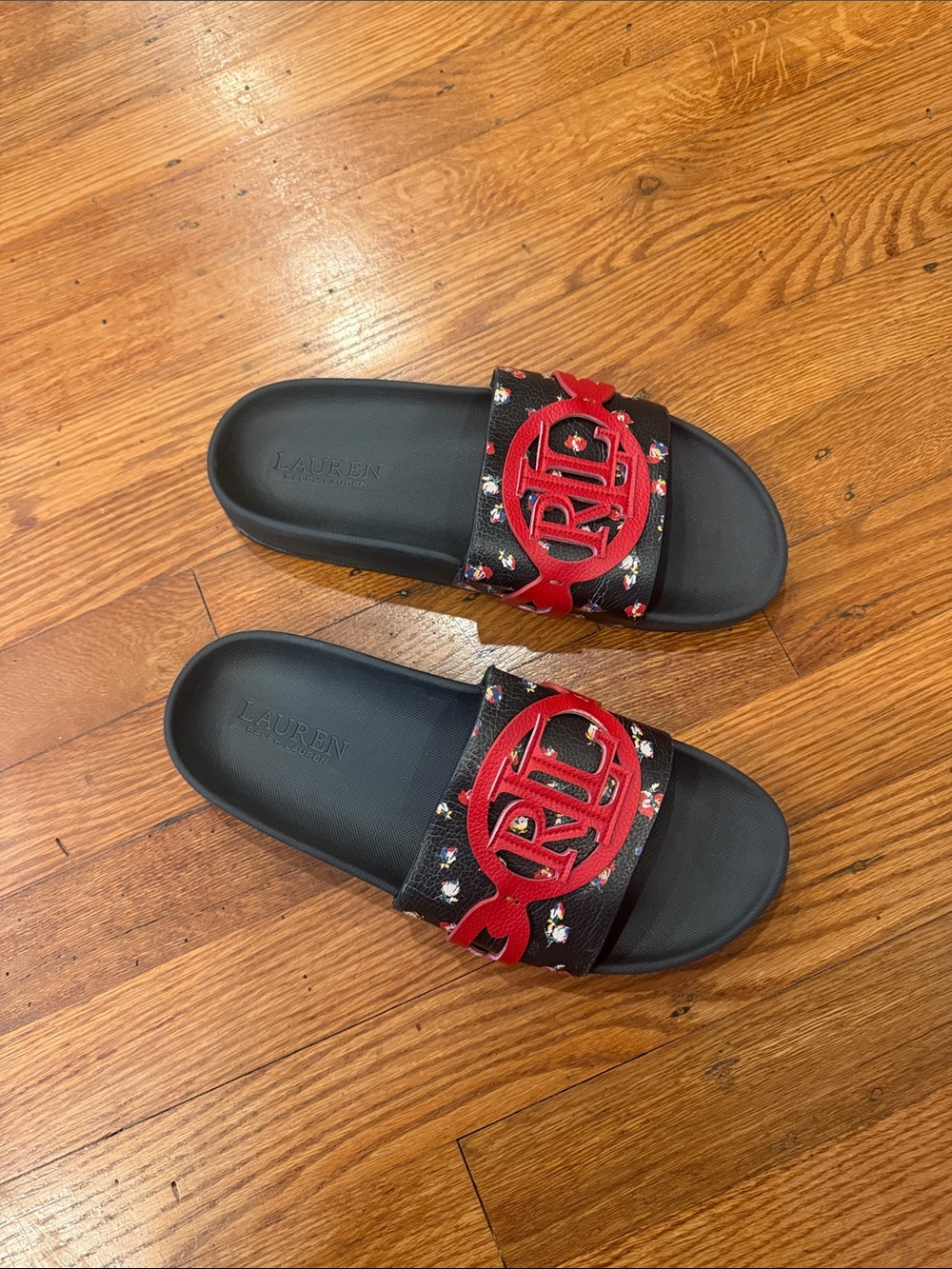 Size 9 Lauren Ralph Lauren Black Slides with Red Logo and Floral Accent